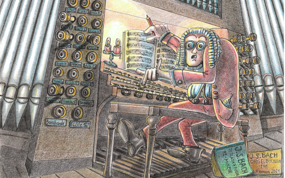 Une illustration qui commente le texte ci-dessus avec un clin d'œil. Johann Sebastian Bach est assis devant un orgue et écrit sur une feuille de musique tout en produisant des sons sur un orgue. 